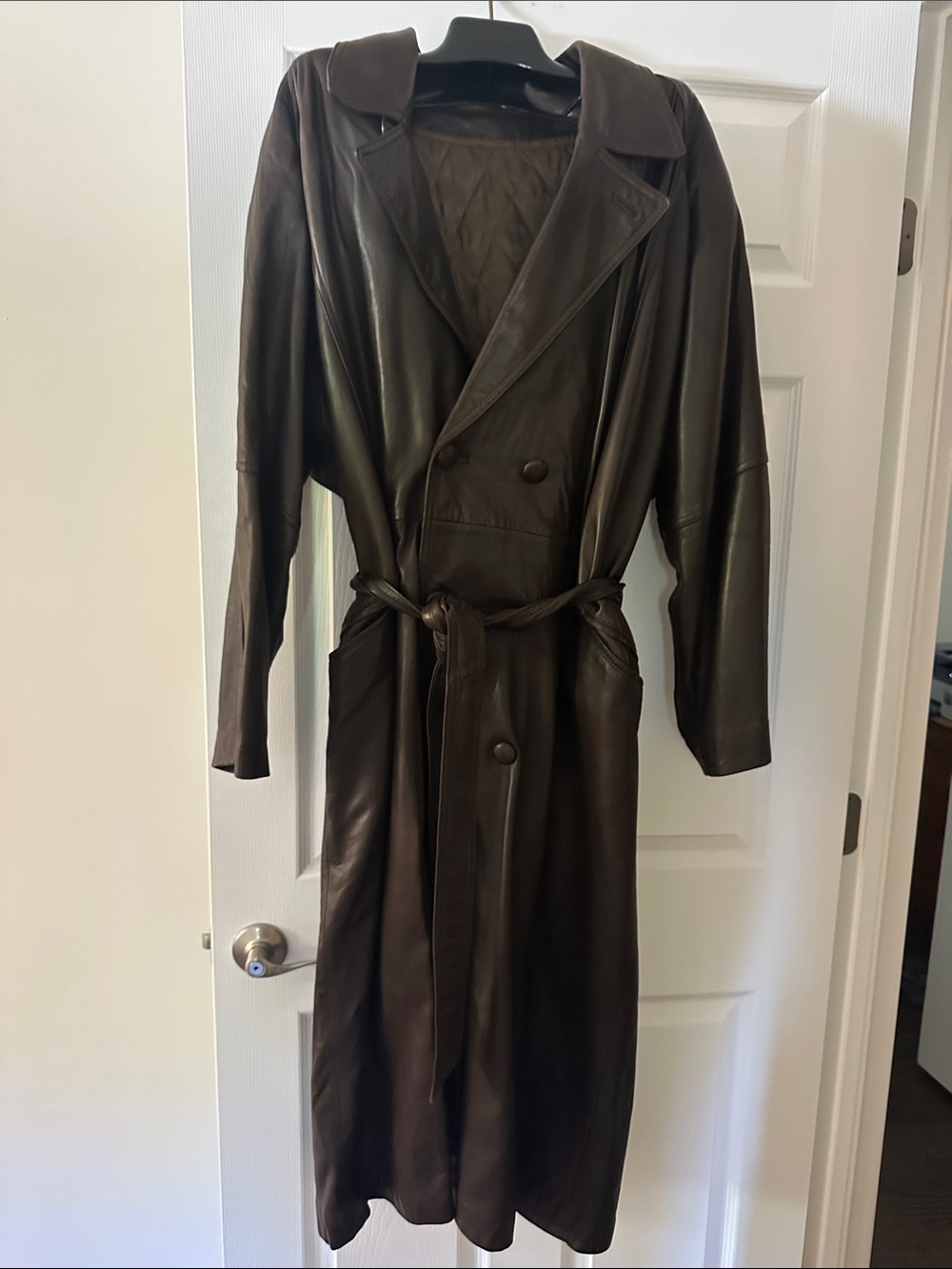 Men's Dark Brown Hilton Leather  Trench Coat with Belt Double Breasted